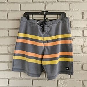 Banks Journal‎ Mens Board Shorts 34 Gray Striped Recycled Stretch Surf Trunks